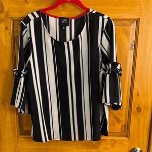 NWOT-W5 Women's Black and White Striped Blouse with Bell Sleeves